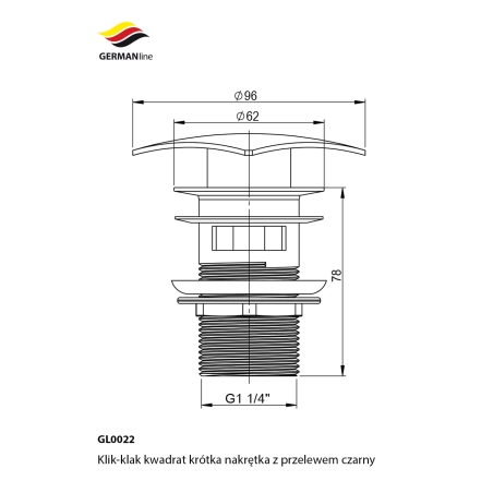 Korek klik klak do umywalki z przelewem GERMAN LINE czarny z kwadratowym grzybkiem