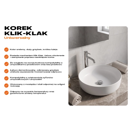 Korek klik klak do umywalki uniwersalny JANO srebrny