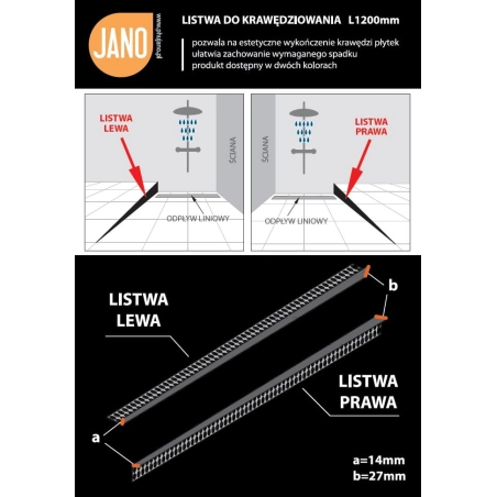 Listwa prysznicowa spadkowa przyszybowa JANO 120 cm lewa czarna