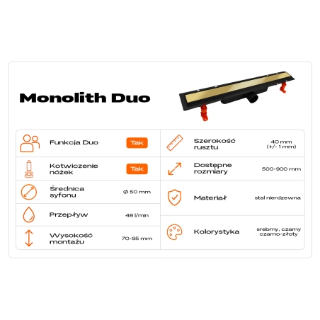 Odpływ liniowy JANO srebrny Monolith Duo 700 mm metalowy