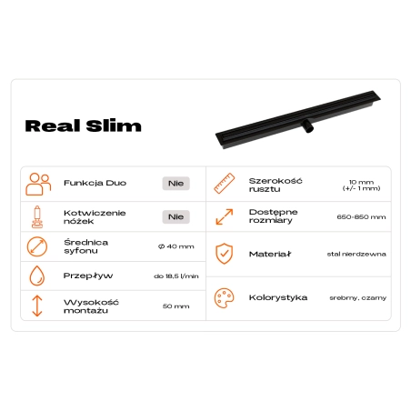 Odpływ liniowy JANO czarny Real Slim 650 mm