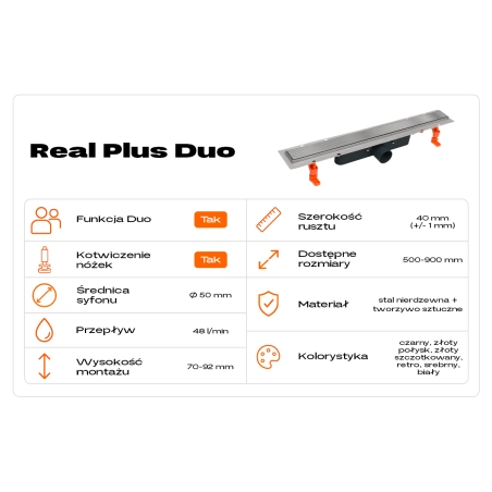 Odpływ liniowy JANO czarny Real Plus Duo 900 mm