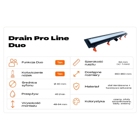Odpływ liniowy JANO czarny Drain Pro Line Duo 750 mm