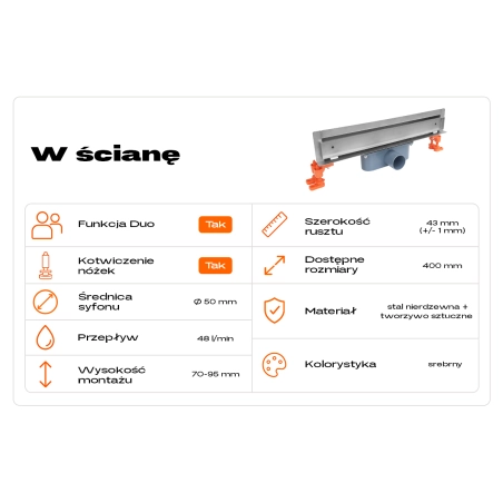 Odpływ liniowy w ścianę pod płytkę JANO srebrny 400 mm metalowy