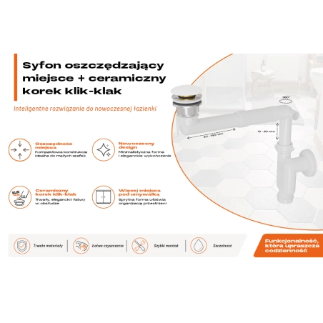 Syfon do umywalki butelkowy JANO oszczędzający miejsce + Korek klik klak do umywalki uniwersalny JANO biały ceramiczny grzybek