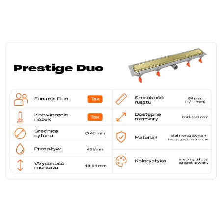 Odpływ liniowy GERMAN LINE złoty połysk Prestige Duo 750 mm